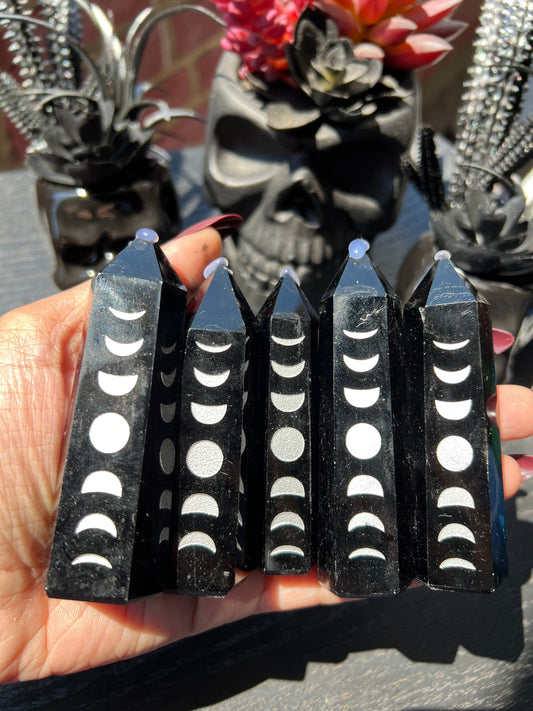 Black Obsidian Moon Print Tower | Crystal | Home Decor | Obsidian Healing Crystal